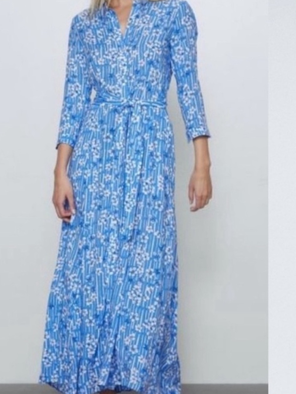 Zara LightweighCornflower Blue/White Striped Floral Belted Maxi Dress Small NWOT